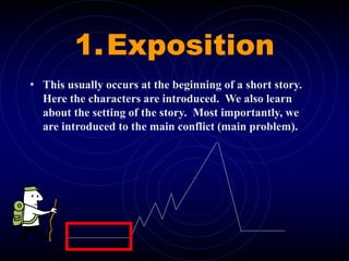 1.Exposition
• This usually occurs at the beginning of a short story.
Here the characters are introduced. We also learn
about the setting of the story. Most importantly, we
are introduced to the main conflict (main problem).
 