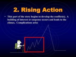 2. Rising Action
• This part of the story begins to develop the conflict(s). A
building of interest or suspense occurs and leads to the
climax. Complications arise
 