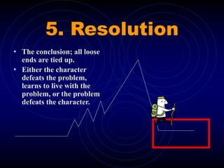 5. Resolution
• The conclusion; all loose
ends are tied up.
• Either the character
defeats the problem,
learns to live with the
problem, or the problem
defeats the character.
 