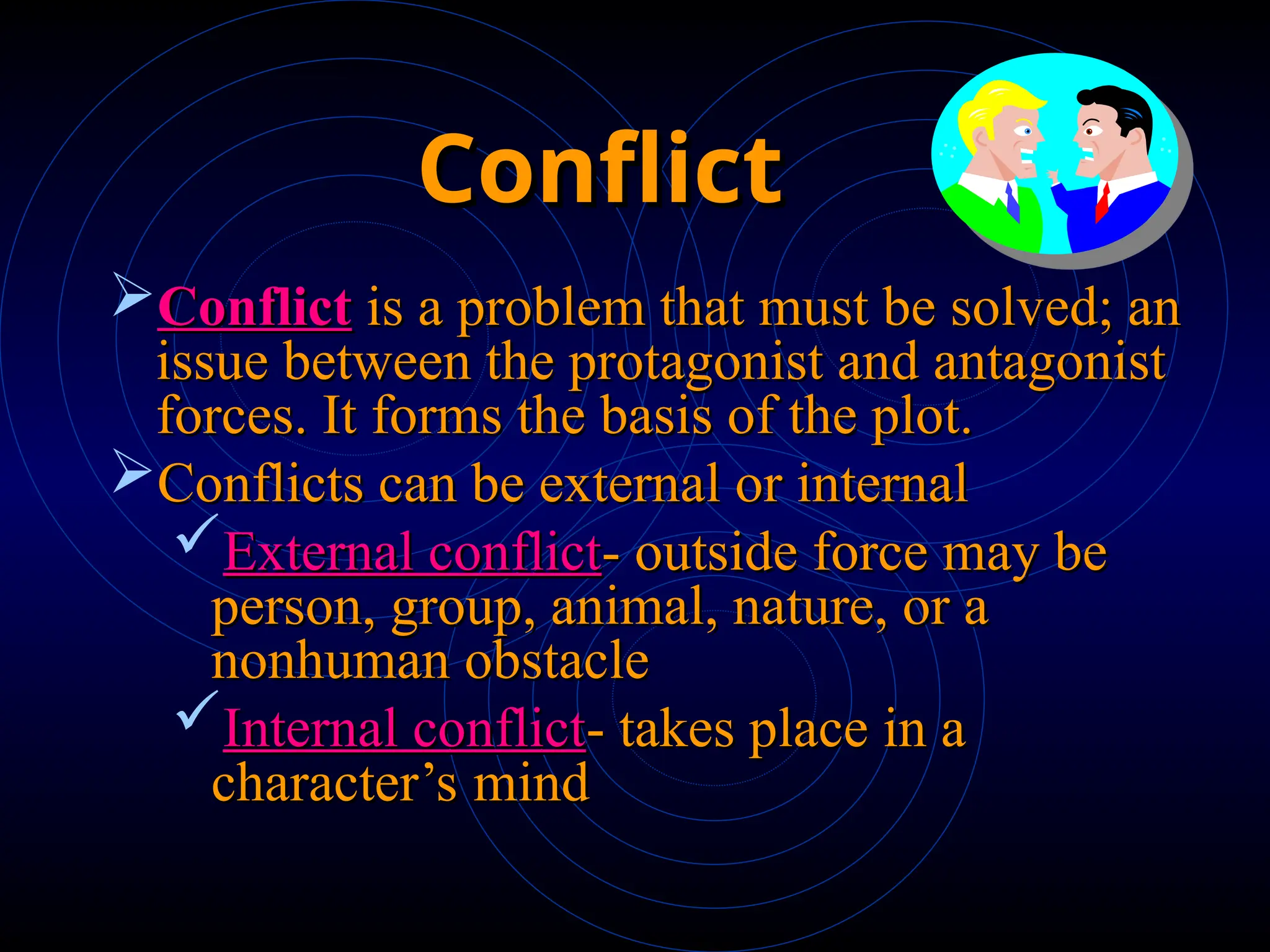 Conflict
Conflict
Conflict
Conflict is a problem that must be solved; an
is a problem that must be solved; an
issue between the protagonist and antagonist
issue between the protagonist and antagonist
forces. It forms the basis of the plot.
forces. It forms the basis of the plot.
Conflicts can be external or internal
Conflicts can be external or internal
External conflict
External conflict- outside force may be
- outside force may be
person, group, animal, nature, or a
person, group, animal, nature, or a
nonhuman obstacle
nonhuman obstacle
Internal conflict
Internal conflict- takes place in a
- takes place in a
character’s mind
character’s mind
 