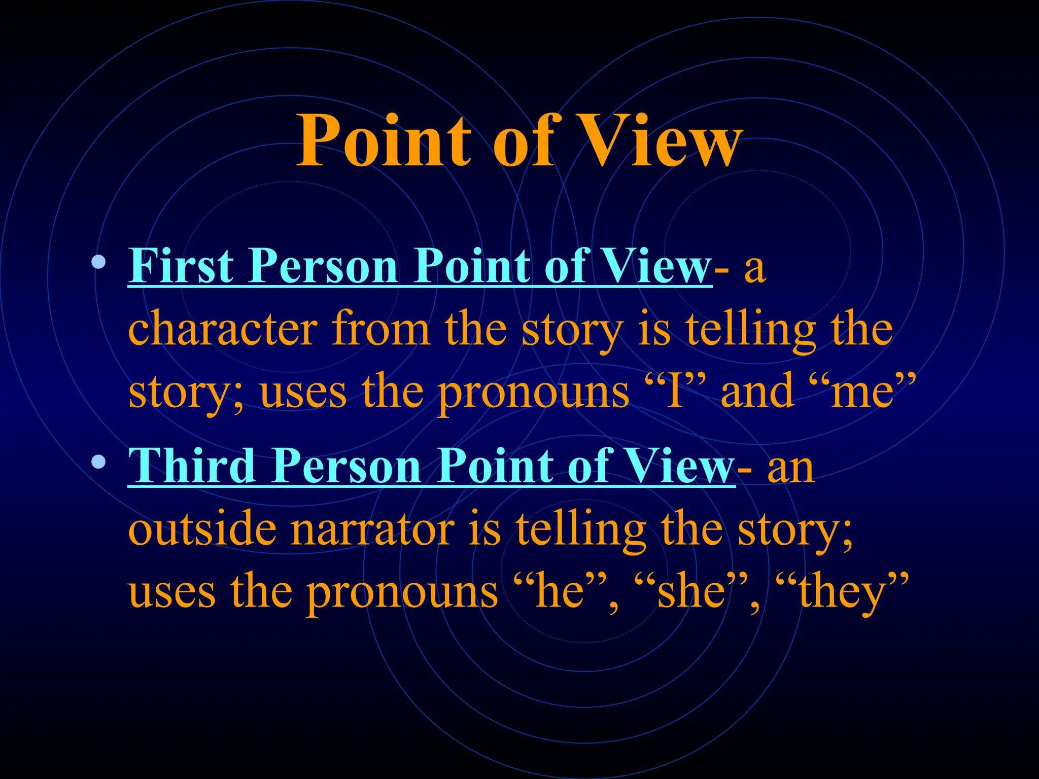 Point of View
• First Person Point of View- a
character from the story is telling the
story; uses the pronouns “I” and “me”
• Third Person Point of View- an
outside narrator is telling the story;
uses the pronouns “he”, “she”, “they”
 