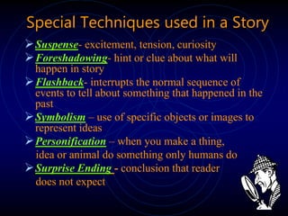 Special Techniques used in a Story
Suspense- excitement, tension, curiosity
Foreshadowing- hint or clue about what will
...