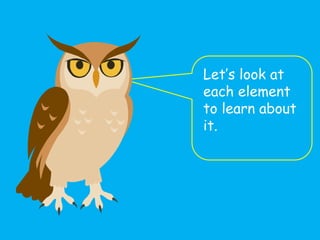 Let’s look at
each element
to learn about
it.
 