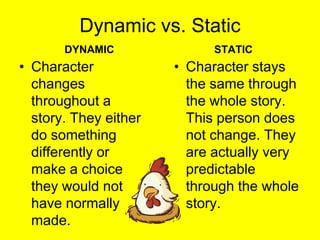 Dynamic vs. Static
       DYNAMIC               STATIC
• Character            • Character stays
  changes                the same through
  throughout a           the whole story.
  story. They either     This person does
  do something           not change. They
  differently or         are actually very
  make a choice          predictable
  they would not         through the whole
  have normally          story.
  made.
 