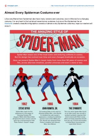 storyepic.com http://www.storyepic.com/almost-ever-spiderman-costume-ever/
Almost Every Spiderman Costume ever
Like every Marvel hero Spiderman also have many versions and costumes, even in Movies he is changing
costume, it is very hard to find out about lesser known costumes, but one of the Spiderman fan at
Mashable created a beautiful infographics consists of almost every Spiderman costumes, hope our readers will
enjoy it
 