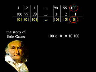 1
      100 99 98
               2

      101 101 101


the story of
                   3


                       2
                       ...
                       ...
                        ...
                                 98
                                  3
                                      99 100
                                      2    1
                                 101 101 101



little Gauss                  100 x 101 = 10 100
 