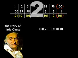1
      100 99 98
               2

      101 101 101


the story of
                    3


                        2    ...
                             ...
                              ...
                                       98
                                        3
                                            99 100
                                            2    1
                                       101 101 101



little Gauss       I need           100 x 101 = 10 100
                   half as
                    much
 