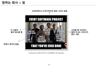 망하는 회사 = 빚
21
※ Greg Duncan 블로그(2013.12), 실로콘밸리, MS Developer
이 사람이
일의 99%를 함
언제나 생각이 없음
도와주겠다고 이야기하지만 절대 그러지 않음
시작할 때 사라져서
절대 다시는 나타나지
않는 사람
 
