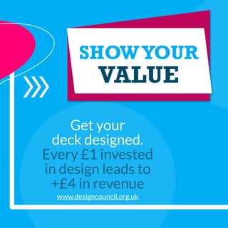 Get your
deck designed.
Every £1 invested
in design leads to
+£4 in revenue
SHOWYOUR
VALUE
www.designcouncil.org.uk
 