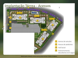 1
2
3
4
Acesso de veículos
Acesso de pedestres
Hall Social
Estacionamento
descoberto (113 vagas)
3
Torre A
Torre B
Torre C
Torre D
3
3
3
1
1
2
Implantação Térrea - Acessos
Material sujeito a alteração e exclusivo para uso interno da Even. Proibida a divulgação.
 