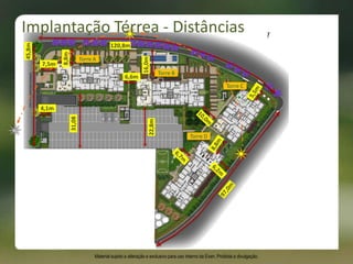 Torre A
Torre B
Torre C
Torre D
6,6m
120,8m
31,08
45,8m
4,1m
22,8m
7,5m 8,8m
16,0m
Implantação Térrea - Distâncias
Material sujeito a alteração e exclusivo para uso interno da Even. Proibida a divulgação.
 
