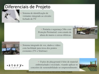 Diferenciais de Projeto
Sistema integrado de voz, dados e vídeo:
com facilidade para troca dos pontos
existentes (TV e Telefone)
Portaria e segurança 24hs com
Proteção Perimetral: com estudo da
altura de muros e cercas elétricas.
Sistema de identificação de
visitantes integrado ao circuito
fechado de TV
O piso do playground é feito de material
emborrachado e reciclado, visando aplicar os
conceitos de sustentabilidade no empreendimento.
Material sujeito a alteração e exclusivo para uso interno da Even. Proibida a divulgação.
 