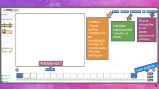18
Adicionar voz
Partilhar:
-Tornar
público
-Partilhar link
de
visualização
-Código de
incorporação
-Permitir
alterações.
Adicionar
colaboradores
(convite via
email).
Gravar
alterações
e sair
(pode
sempre ser
editado).
 