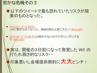 密かな危機その３
以下のツイートで最も恐れていたリスクが現実
のものとなった。
 2015-01-17 12:58:20
wifiに繋がらなくなった。接続台数の上限こえた？ #kana01
 2015-01-17 12:58:37wifi繋がらないのでテザリングにする
か #kana01
実は、開催の３日前になって発覚した Wifi の
打たれ弱さ的なリスク・・
印象悪いし会場提供側的に大大ピンチ！
10
 