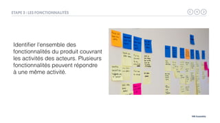 13
MB Assembly
ETAPE 3 : LES FONCTIONNALITÉS
Identiﬁer l'ensemble des
fonctionnalités du produit couvrant
les activités des acteurs. Plusieurs
fonctionnalités peuvent répondre
à une même activité.
 