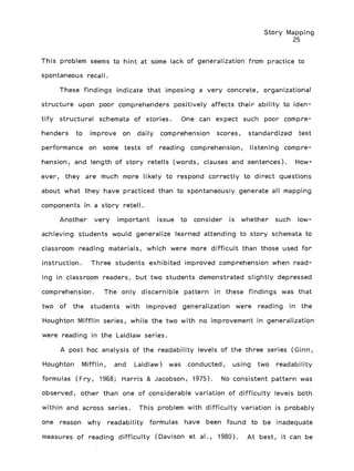 Story Mapping
25
This problem seems to hint at some lack of generalization from practice to
spontaneous recall.
These findings indicate that imposing a very concrete, organizational
structure upon poor comprehenders positively affects their ability to iden-
tify structural schemata of stories. One can expect such poor compre-
henders to improve on daily comprehension scores, standardized test
performance on some tests of reading comprehension, listening compre-
hension, and length of story retells (words, clauses and sentences). How-
ever, they are much more likely to respond correctly to direct questions
about what they have practiced than to spontaneously generate all mapping
components in a story retell.
Another very important issue to consider is whether such low-
achieving students would generalize learned attending to story schemata to
classroom reading materials, which were more difficult than those used for
instruction. Three students exhibited improved comprehension when read-
ing in classroom readers, but two students demonstrated slightly depressed
comprehension. The only discernible pattern in these findings was that
two of the students with improved generalization were reading in the
Houghton Mifflin series, while the two with no improvement in generalization
were reading in the Laidlaw series.
A post hoc analysis of the readability levels of the three series (Ginn,
Houghton Mifflin, and Laidlaw) was conducted, using two readability
formulas (Fry, 1968; Harris & Jacobson, 1975). No consistent pattern was
observed, other than one of considerable variation of difficulty levels both
within and across series. This problem with difficulty variation is probably
one reason why readability formulas have been found to be inadequate
measures of reading difficulty (Davison et al., 1980). At best, it can be
 