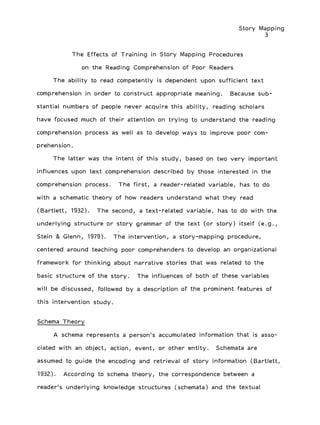 Story Mapping
3
The Effects of Training in Story Mapping Procedures
on the Reading Comprehension of Poor Readers
The ability to read competently is dependent upon sufficient text
comprehension in order to construct appropriate meaning. Because sub-
stantial numbers of people never acquire this ability, reading scholars
have focused much of their attention on trying to understand the reading
comprehension process as well as to develop ways to improve poor com-
prehension.
The latter was the intent of this study, based on two very important
influences upon text comprehension described by those interested in the
comprehension process. The first, a reader-related variable, has to do
with a schematic theory of how readers understand what they read
(Bartlett, 1932). The second, a text-related variable, has to do with the
underlying structure or story grammar of the text (or story) itself (e.g.,
Stein & Glenn, 1979). The intervention, a story-mapping procedure,
centered around teaching poor comprehenders to develop an organizational
framework for thinking about narrative stories that was related to the
basic structure of the story. The influences of both of these variables
will be discussed, followed by a description of the prominent features of
this intervention study.
Schema Theory
A schema represents a person's accumulated information that is asso-
ciated with an object, action, event, or other entity. Schemata are
assumed to guide the encoding and retrieval of story information (Bartlett,
1932). According to schema theory, the correspondence between a
reader's underlying knowledge structures (schemata) and the textual
 