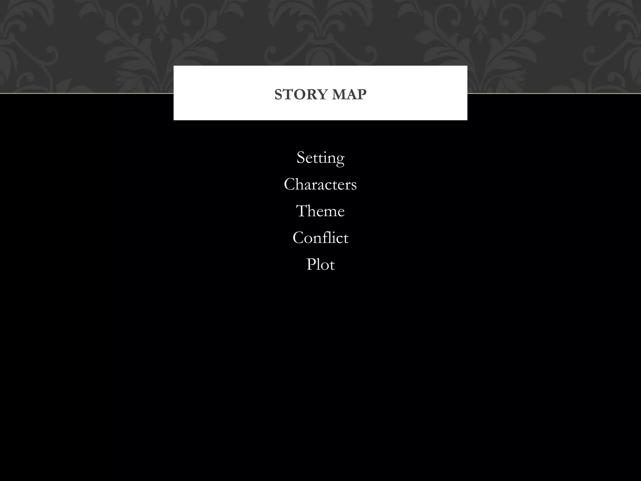 Setting
Characters
Theme
Conflict
Plot
STORY MAP