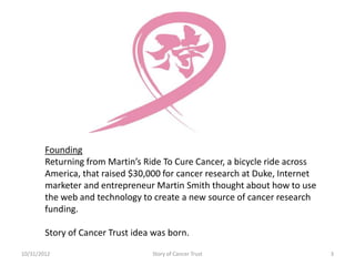 Founding
        Returning from Martin’s Ride To Cure Cancer, a bicycle ride across
        America, that raised $30,000 for cancer research at Duke, Internet
        marketer and entrepreneur Martin Smith thought about how to use
        the web and technology to create a new source of cancer research
        funding.

        Story of Cancer Trust idea was born.

10/31/2012                        Story of Cancer Trust                      3
 