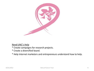 Need UNC’s Help
        * Create campaigns for research projects.
        * Create a diversified board.
        * Help Internet marketers and entrepreneurs understand how to help.




10/31/2012                         Story of Cancer Trust                      8
 