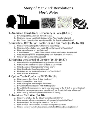 Story of Mankind: Revolutions
Movie Notes

1. American Revolution: Democracy is Born (0-4:45)

a. How long did the American Revolution take?
b. What idea spread worldwide because of the American Revolution?
c. List 2 other countries that were inspired by the American Revolution?

2. Industrial Revolution: Factories and Railroads (4:45-16:30)
a.
b.
c.
d.
e.
f.

What invention changed how the world made things?
What kind of workplace was created from the Industrial Revolution?
What natural resource runs factories?
A train can run _______ times faster than a human could travel on their own.
What nationality were most immigrants that worked on the railroad?
What are 2 benefits of the railroad?

a.
b.
c.
d.
e.
f.

Why are cities the perfect breeding ground for disease?
What was the number one cause of death in the world?
What disease doubles in number within hours?
What does Doctor John Snow discover?
How does Doctor Snow find the source of the Cholera?
What was the “Great Stink?”

3. Mapping the Spread of Disease (16:30-28:37)

4. Opium Trade Conflicts (28:37-36:10)
a.
b.
c.
d.
e.
f.
g.

What country does Great Britain challenge?
Where does opium come from?
What does opium do when you consume it?
How many Chinese become addicted to opium?
How did the Chinese emperor try to send a message to the British to not sell opium?
China had a stronger manpower (population), but Britain had what advantage?
What country had the largest empire in world history?

a.
b.
c.
d.
e.

What type of labor did the US rely on in the mid-1800’s?
What weapon advancement gave an advantage during the Civil War?
How many will die during the American Civil War?
What medical advancements occurred during the Civil War?
What is one way industrial advancements helped the north during the war?

5. American Civil War (36:10-

 