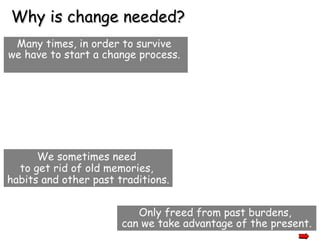 Many times, in order to survive  we have to start a change process.   Why is change needed ? We sometimes need  to get rid of old memories,  habits and other past traditions. Only freed from past burdens,  can we take advantage of the present. 