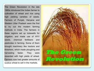 The Green Revolution in the late
1960s introduced the Indian farmer to
cultivation of wheat and rice using
high yielding v...