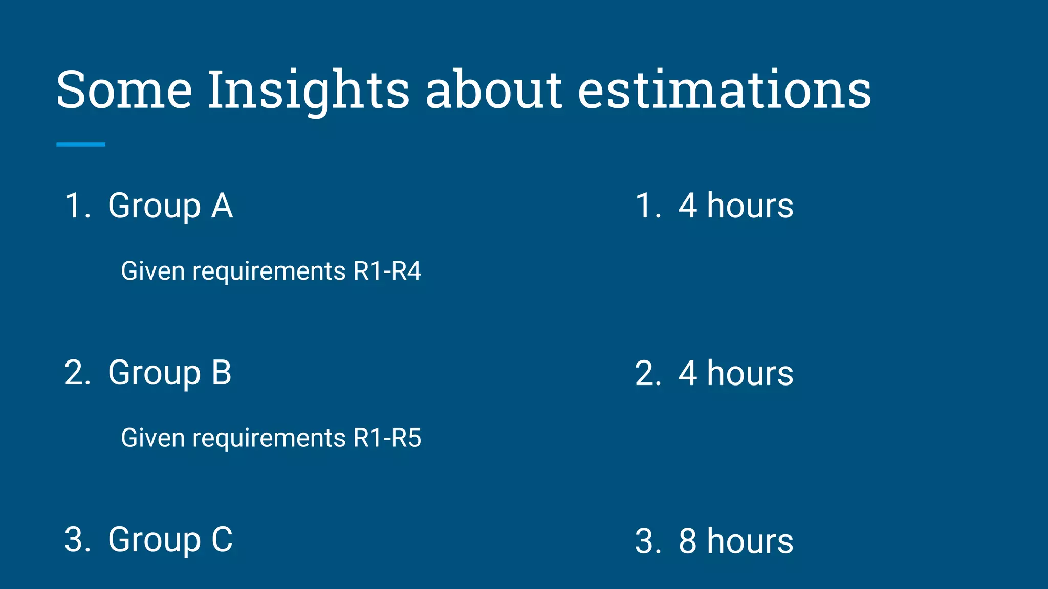 1. Group A
Given requirements R1-R4
2. Group B
Given requirements R1-R5
3. Group C
Some Insights about estimations
1. 4 hours
2. 4 hours
3. 8 hours
 