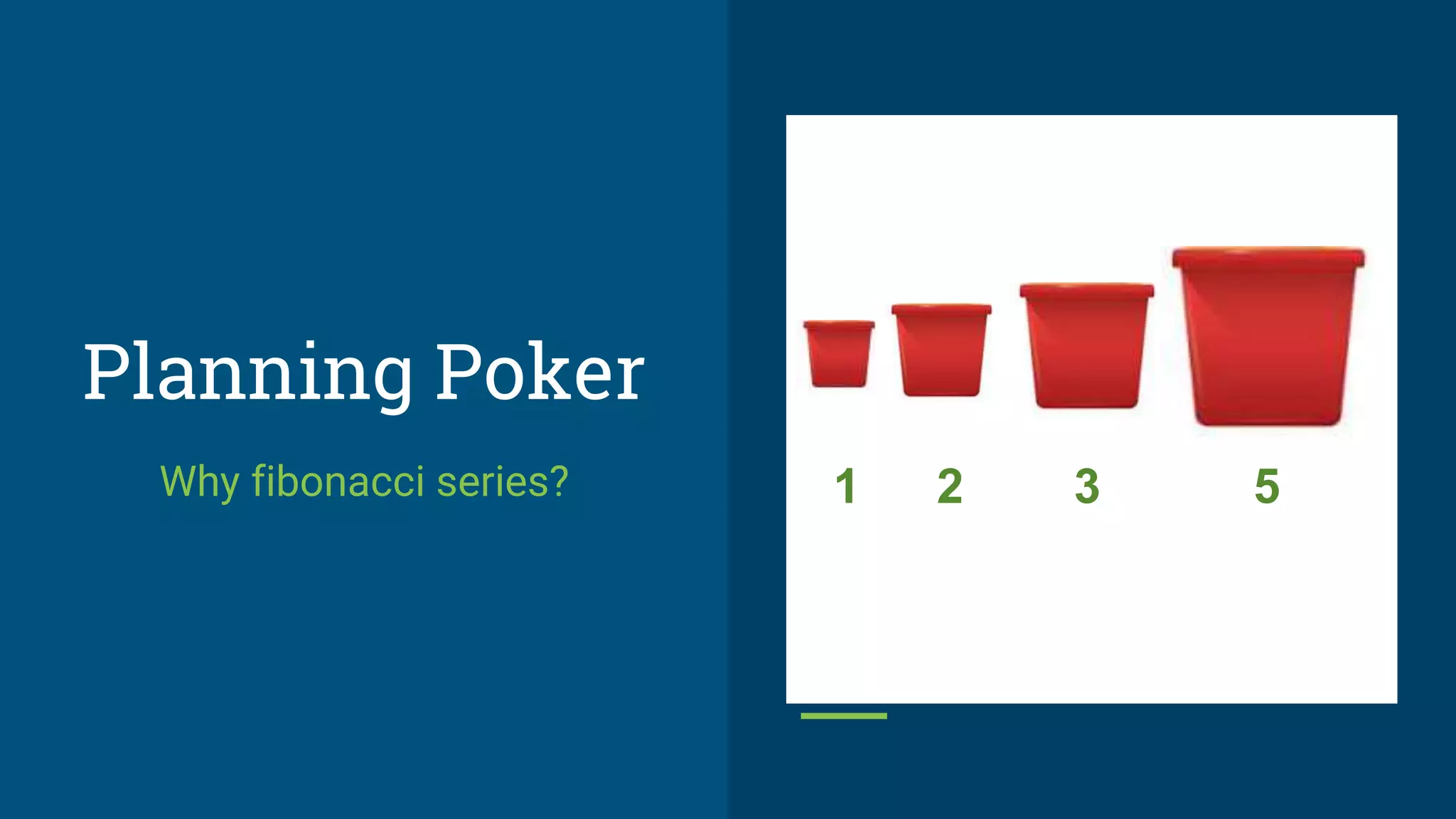 Planning Poker
Why fibonacci series? 1 2 3 5
 