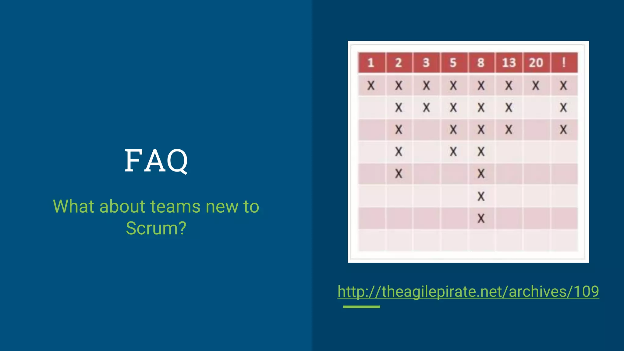 FAQ
What about teams new to
Scrum?
http://theagilepirate.net/archives/109
 
