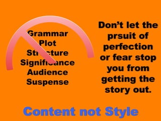 Grammar
Plot
Structure
Significance
Audience
Suspense
Don’t let the
pursuit of
perfection
or fear stop
you from
getting the
story out.
Content not Style