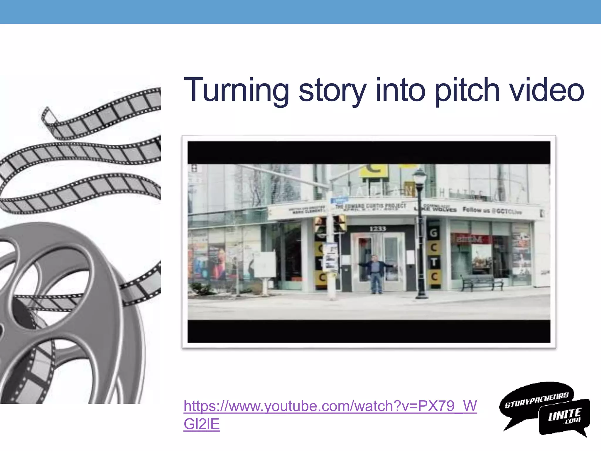 Turning story into pitch video
https://www.youtube.com/watch?v=PX79_W
Gl2lE
 