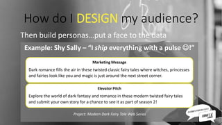 How do I DESIGN my audience?
Then build personas…put a face to the data
Example: Shy Sally – “I ship everything with a pulse !”
Project: Modern Dark Fairy Tale Web Series
Marketing Message
Dark romance fills the air in these twisted classic fairy tales where witches, princesses
and fairies look like you and magic is just around the next street corner.
Elevator Pitch
Explore the world of dark fantasy and romance in these modern twisted fairy tales
and submit your own story for a chance to see it as part of season 2!
 