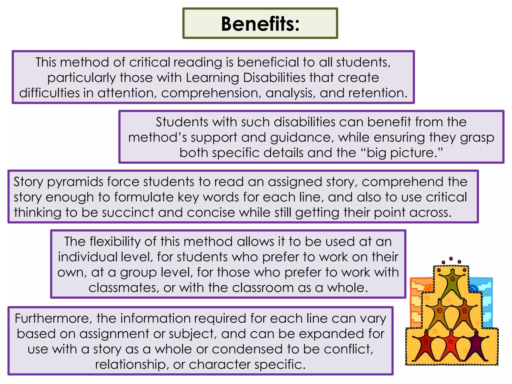 Benefits:This method of critical reading is beneficial to all students, particularly those with Learning Disabilities that create difficulties in attention, comprehension, analysis, and retention.  Students with such disabilities can benefit from the method’s support and guidance, while ensuring they grasp both specific details and the “big picture.”Story pyramids force students to read an assigned story, comprehend the story enough to formulate key words for each line, and also to use critical thinking to be succinct and concise while still getting their point across.  The flexibility of this method allows it to be used at an individual level, for students who prefer to work on their own, at a group level, for those who prefer to work with classmates, or with the classroom as a whole.  Furthermore, the information required for each line can vary based on assignment or subject, and can be expanded for use with a story as a whole or condensed to be conflict, relationship, or character specific.  