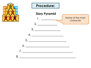 Procedure:Story Pyramid_________2. _____________3. _________________ 4. _____________________ 5. _________________________ 6. _____________________________ 7. _________________________________ 8. _____________________________________Name of the main character