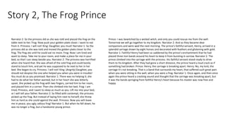 Narrator 2: So the princess did as she was told and placed the frog on the
table next to her. Frog: Now push your golden plate closer. I want to eat
from it. Princess: I will not! King: Daughter, you must! Narrator 1: So the
princess did as she was told and moved the golden plate closer to the
frog. The frog ate until he could eat no more. Frog: Now I am tired and
want to sleep. Take me to your room, and make a place for me in your
bed, so that I can sleep beside you. Narrator 2: The princess was horrified
when she heard that. She was afraid of the cold frog and could barely
stand to touch him, and yet he was supposed to lie next to her in her
bed. She began to cry. Princess: I will not! King: (Angrily) Daughter, you
should not despise the one who helped you when you were in trouble!
You must do as you promised. Narrator 1: There was no helping it; she
had to do what her father wanted, but in her heart she was bitterly
upset. She picked up the frog with two fingers, carried him to her room,
and placed him in a corner. Then she climbed into her bed. Frog: I am
tired, Princess, and I want to sleep as much as you. Lift me into your bed,
or I will tell your father. Narrator 2: So filled with contempt, the princess
picked up the frog. But instead of laying him next to herself, she threw
him as hard as she could against the wall. Princess: Now you will leave
me in peace, you ugly, odious frog! Narrator 1: But when he fell down, he
was no longer a frog, but a handsome young prince.
Story 2, The Frog Prince
Prince: I was bewitched by a wicked witch, and only you could rescue me from the well.
Tomorrow we will go together to my kingdom. Narrator 2: And so they became dear
companions and were wed the next morning. The prince's faithful servant, Henry, arrived in a
splendid carriage drawn by eight horses and decorated with feathers and glistening with gold.
Narrator 1: Faithful Henry had been so saddened by the prince's enchantment that he had
placed three iron bands around his heart to keep it from bursting in sorrow. Narrator 2: The
prince climbed into the carriage with the princess. His faithful servant stood ready to drive
them to his kingdom. After they had gone a short distance, the prince heard a loud crack as if
something had broken. Prince: Henry, the carriage is breaking apart. Henry: No, my lord, the
carriage it's not breaking. That is a band that surrounds my heart, that suffered such great pain
when you were sitting in the well, when you were a frog. Narrator 1: Once again, and then once
again the prince heard a cracking sound and thought that the carriage was breaking apart, but
it was the bands springing from faithful Henry's heart because his master was now free and
happy.
 