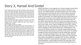 Story 3, Hansel And Gretel
A poor woodcutter and his wife had two children named Hansel and
Gretel. Their mother died when they were young. Hansel and Gretel
were very sad. Soon their father remarried but their stepmother was
very cruel. One day, she took the children deep into the forest and left
them there. Clever Hansel had some breadcrumbs in his pocket and
had dropped them on the way so that they could find their way back
home. Alas! The birds ate all the crumbs and they couldn’t find the
path that led back home.
Hansel and Gretel went deeper and deeper into the forest. They were
hungry and tired. Finally, after walking for a long time, they saw a
cottage made of chocolate, candies, and cake. “Look, Hansel! A
chocolate brick!” shouted
Gretel in delight and both ate it hungrily.
Now, a wicked witch lived there. When she saw Hansel and Gretel, she
wanted to eat them. She grabbed the children and locked them in a
cage. The witch decided to make a soup out of Hansel and eat him first.
She began boiling a huge pot of water for the soup. Just then, Gretel
crept out of her cage. She gave the wicked witch a mighty push from
behind and the witch fell into the boiling water. She howled in pain and
died instantly. Hansel and Gretel found treasure lying around the
cottage. They carried it home with them. Their stepmother had died
and their father welcomed them back with tears of joy. They never
went hungry again!
Hansel and Gretel is a very large story so I found a simpler version which
still tells the story just as good. The story contains 5 characters, two
parents, two children (Hansel and Gretel) and the witch. The is based
around two parents that left each other and the husband remarried.
There stepmother (new mother) was very cruel so she dumped the
children in the woods. The children wandered into a witches house, the
witch wanted to eat them so the children pushed the witch into some
boiling water and she died. They left the house and went home and
their father welcomed them back. The story is very simple and easy to
recreate as a book. This book would probably be 8-10 pages long as the
story is very simple. Since I need to change parts of the story. I would
change the main story and make the scene take place in Antarctica. The
witch is changed to a Yeti (Human/Polar bear). Everything else is the
same but the children wander into a Yeti den (Large Snowy Cave) and
the Yeti finds them and prepares to boil them in hot water. The children
manage to kill the Yeti by pushing him into the boiling water and they
escape. This will be developed more as the story is created. The font I
would use in this book would be Sana this is because I think that Sana
looks simple and readable for a younger child. The story is definitely
creatable in book form and would be an easy option if I don’t find any
interesting options. I would make this book in the same style as the
others using rotoscoping and shapes to created the backgrounds and
characters.
 