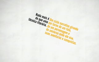 BASICAMENTE,
Para contar uma história é
preciso definir 3 pontos
cruciais: APRESENTAÇÃO
        CONFLITO
        RESOLUÇÃO


                             Teoria da Jornada do
                                 Herói, de Joseph
                                        Campbell.
 