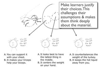 Make learners justify
                                               their choices. This
                                               challenges their
                                               assumptions & makes
                                               them think deeply
                                               about the material.




A. You can support it      A. It looks best to have   A. It counterbalances the
   with your chest.           the tallest thing in       weight of the turkey.
B. It makes your triceps      the middle.             B. It keeps the hot liquid
   help your biceps.       B. It centers the weight      away from you.
                              on your hand.
 