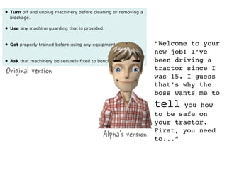 “Welcome to your
                                     new job! I’ve
                                     been driving a
Original version                     tractor since I
                                     was 15. I guess
                                     that’s why the
                                     boss wants me to
                                     tell   you how
                                     to be safe on
                                     your tractor.
                   Alpha’s version   First, you need
                                     to...”
 