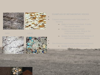 EXAMPLES OF METAMORPHIC ROCKS:
•
• Foliated metamorphic rocks have layers, or
banding.
– Slate is transformed shale. It splits
into smooth slabs.
– Schist is the most common
metamorphic rock. Mica is the
most common mineral.
– Gneiss has a streaky look because of
alternating layers of minerals.
•
• Non-foliated metamorphic rocks are not layered.
– Marble is transformed limestone.
•
13
slate schist
gneiss marble
 