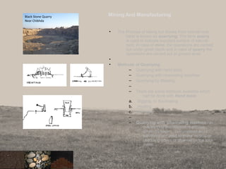 Mining And Manufacturing
• The Process of taking out stones from natural rock
beds is known as quarrying. The term quarry
is used to indicate exposed surface of natural
rock. In case of mine, the operations are carried
out under great depth and in case of quarry the
operations are carried out at ground level.
•
• Methods of Quarrying
– Quarrying with hand tools
– Quarrying with channeling machine
– Quarrying by Blasting
–
– There are some methods available which
can be done with Hand tools.
a. Digging or Excavating
b. Heating
c. Wedging
–
– Quarrying with channeling machine : in
this method the channel machines
driven by steam , compressed air or
electricity are used to make vertical or
oblique grooves or channel on the rock
mass.
19
Black Stone Quarry
Near Chibhda
 