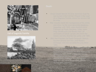 Death
• Antoni Gaudi died on 10 June and on12 June he
was buried in the Carmen Chapel in the crypt
of La Sagrada Família, where his remains still
lie today.
• After Gaudi’s death the management of the works
was taken by his close associate Domènec
Sugrañes, until 1938. Later directors were
Francesc de Paula Quintana i Vidal, Isidre
Puig i Boada and Lluís Bonet i Garí, all
associates of Gaudí, people who knew the
master and who directed the works until 1983.
• After that Francesc de Paula Cardoner i Blanch
became director and then Jordi Bonet i
Armengol, who has occupied the post since
1984.
• In July 1936, at the time of the military uprising and
the outbreak of the Spanish Civil War,
revolutionaries set fire to the crypt, burned the
Temporary Schools of La Sagrada Família
and destroyed the workshop. The time when
original plans, drawings and photographs
were lost, and some of the scale plaster
models were smashed.
88
Fall of Sagarda Familia
 