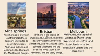 Alice springs Brisban
e
Melbourn
e
13
Alice Springs is a town in
Australia's Northern
Territory, known for its
desert landscapes,
Aboriginal culture, and
landmarks like Uluru and
the MacDonnell Ranges.
Brisbane is the capital of
Queensland, Australia, known for
its sunny weather, riverfront
attractions, and vibrant arts scene.
It offers landmarks like the
Brisbane River, South Bank
Parklands, and the Story Bridge.
Melbourne, the capital of
Victoria, is known for its
diverse culture, coffee, and
iconic landmarks like
Federation Square and the
Yarra River.
 