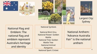 National Symbols
National Bird: Emu
National Flower: Golden
Wattle
National Tree: Golden
Wattle Tree
National Animal:
Kangaroo
National Sport: Cricket
National Flag and
Emblem: The
national flag and
emblem represent
Australia's heritage
and identity
National Anthem:
"Advance Australia
Fair" is the national
anthem
Largest City:
Sydney
4
 