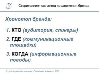 (с) Консалтинговая компания «Психология и бизнес», 2013 г.
Сторителлинг как метод продвижения бренда
Хронотоп бренда:
1. КТО (аудитория, спикеры)
2. ГДЕ (коммуникационные
площадки)
3. КОГДА (информационные
поводы)
 
