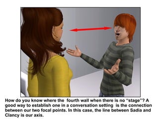 How do you know where the  fourth wall when there is no “stage”? A good way to establish one in a conversation setting  is the connection between our two focal points. In this case, the line between Sadia and Clancy is our axis.  