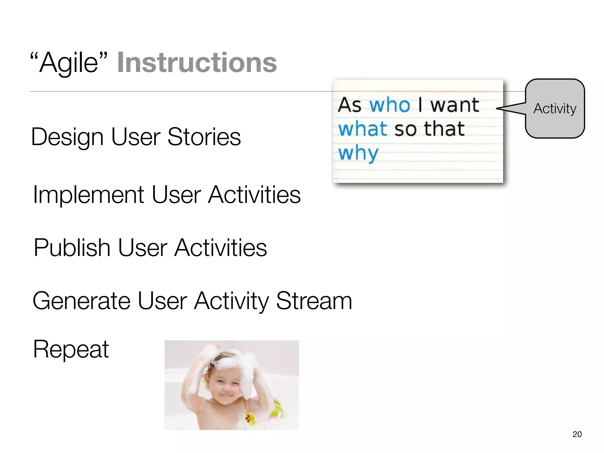 “Agile” Instructions
                                Activity

Design User Stories

Implement User Activities

Publish User Activities

Generate User Activity Stream
Repeat


                                       20
 
