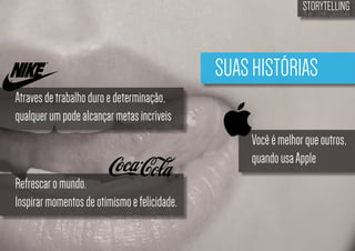 STORYTELLING
the time design

SUAS HISTÓRIAS
Atraves de trabalho duro e determinação,
qualquer um pode alcançar metas incríveis
Você é melhor que outros,
quando usa Apple
Refrescar o mundo.
Inspirar momentos de otimismo e felicidade.

 