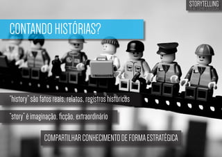 STORYTELLING
the time design

CONTANDO HISTÓRIAS?

“history” são fatos reais, relatos, registros históricos
“story” é imaginação, ficção, extraordinário
COMPARTILHAR CONHECIMENTO DE FORMA ESTRATÉGICA

 